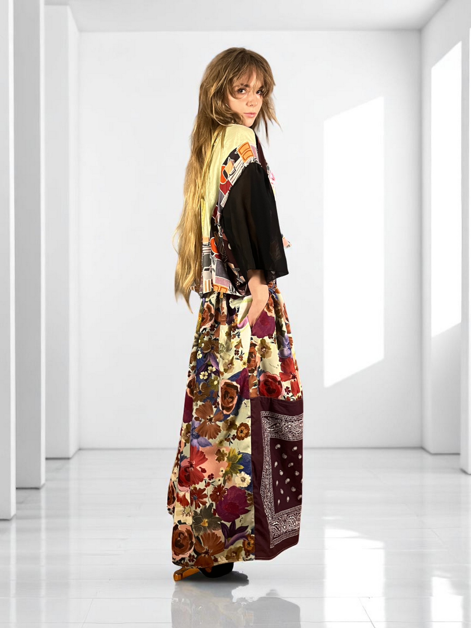 Upcycled Foulard Apron Skirt Yellow Brown Upcycled Foulard Apron Skirt Yellow Brown