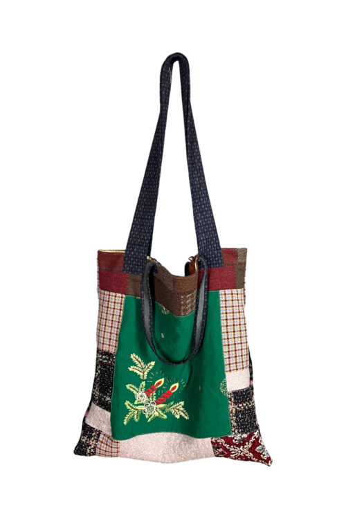 Upcycled Tote Bag Green Embroidered Panel Mix Upcycled Tote Bag Green Embroidered Panel Mix
