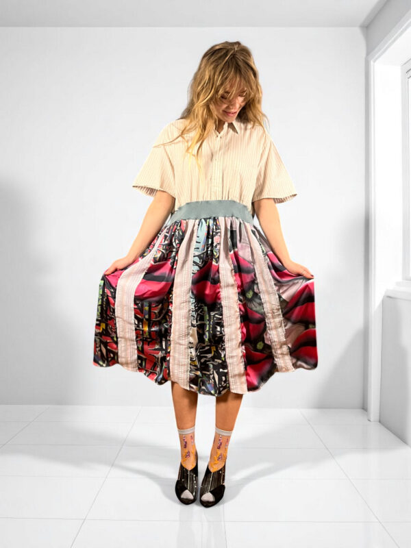 Patchwork Shirt Dress with Pink Graphic Skirt Patchwork Shirt Dress with Pink Graphic Skirt