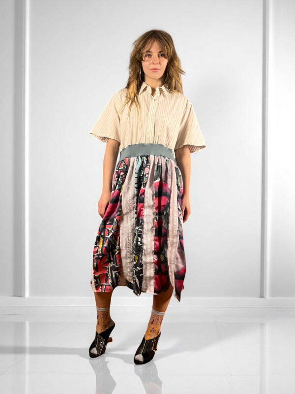 Patchwork Shirt Dress with Pink Graphic Skirt Patchwork Shirt Dress with Pink Graphic Skirt