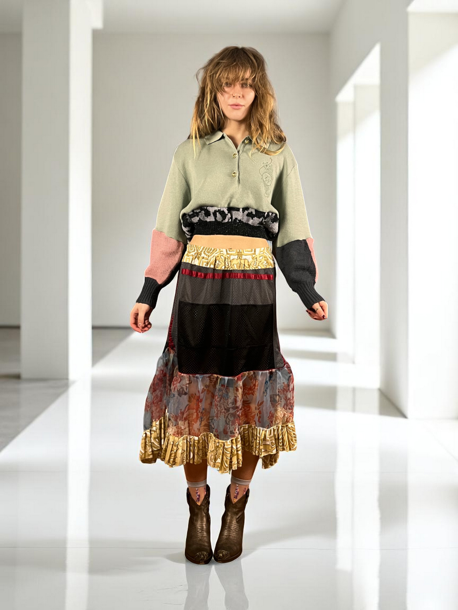 Floral Patchwork Dress Blue Bandana Front Floral Patchwork Dress Blue Bandana Front