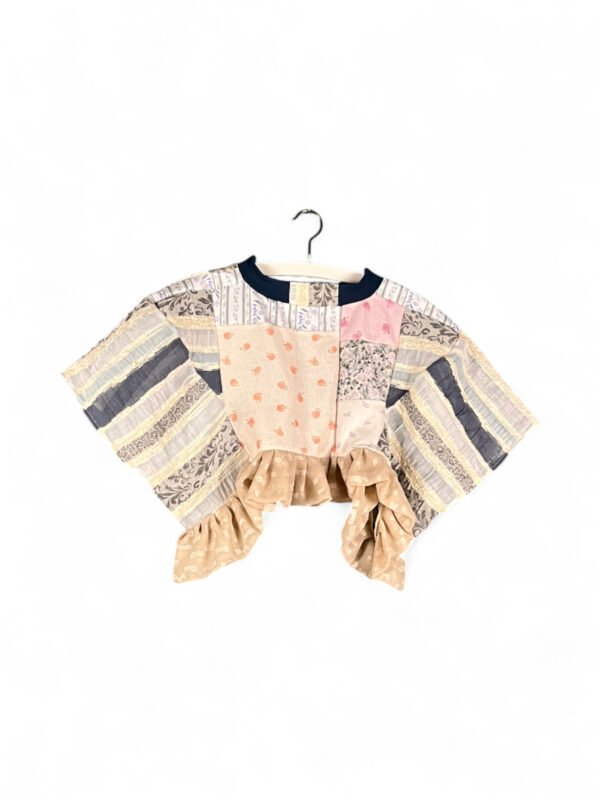 Patchwork Ruffle Top Cream Blue Mix