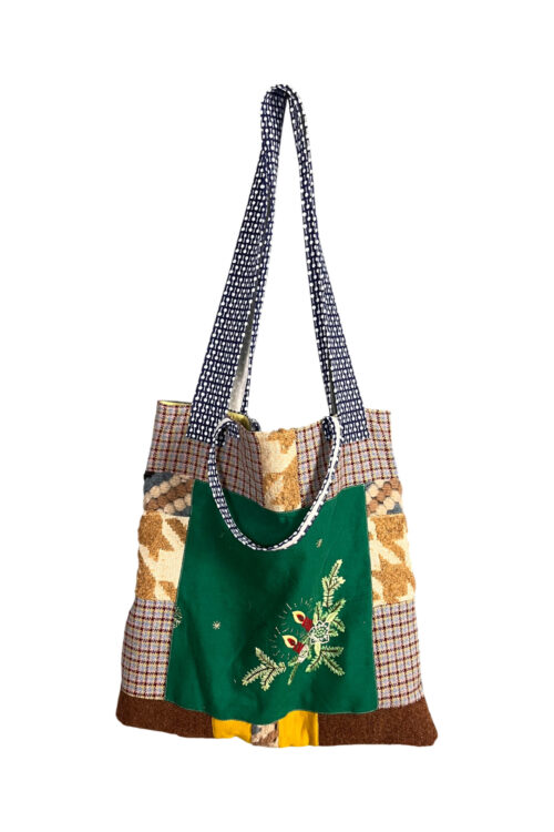 Upcycled Tote Bag Green Embroidered Panel Upcycled Tote Bag Green Embroidered Panel