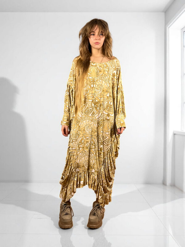 Golden Draped Jersey Dress Baroque Motif