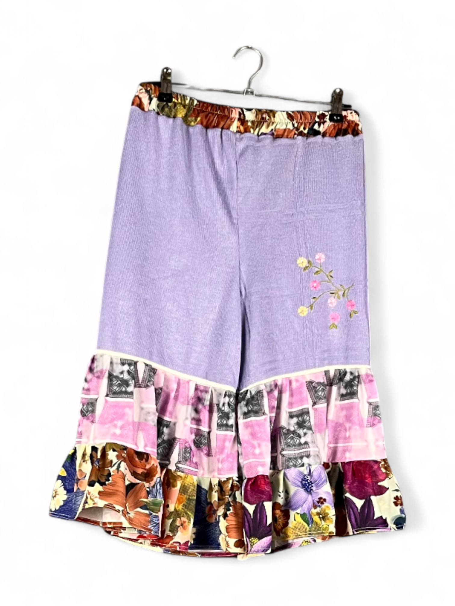 Upcycled Lavender Ruffle Pants Floral Pink Upcycled Lavender Ruffle Pants Floral Pink