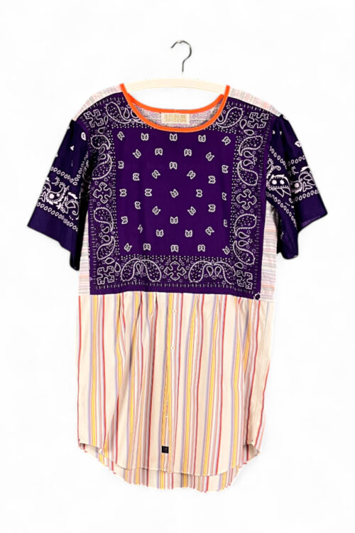 Patchwork Bandana Shirt Dress in Purple and Stripes