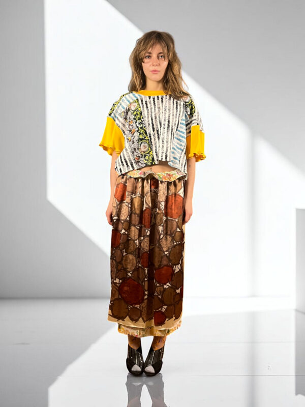 Upcycled Foulard Apron Skirt Yellow Brown Upcycled Foulard Apron Skirt Yellow Brown