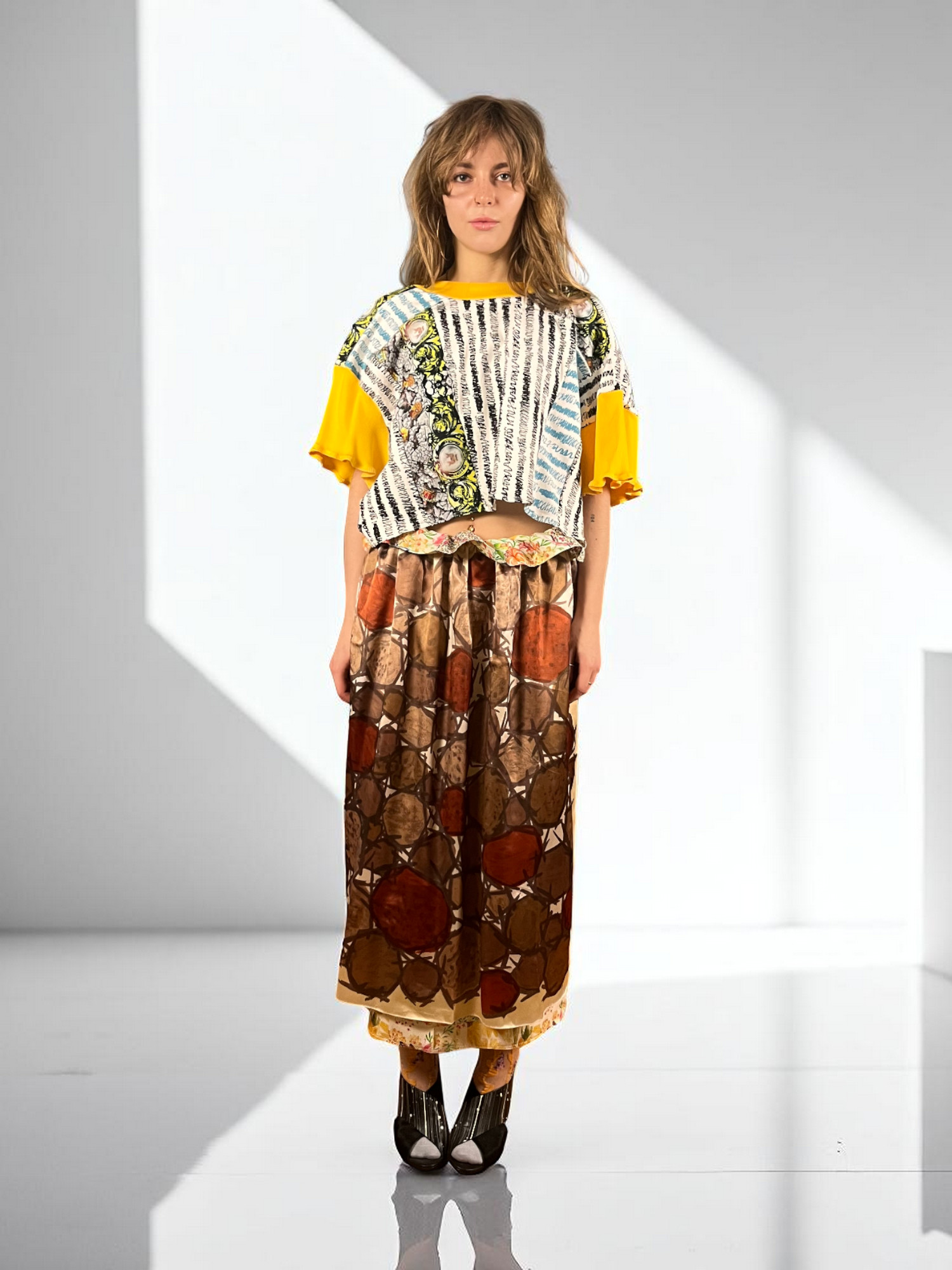 Upcycled Foulard Apron Skirt Yellow Brown Upcycled Foulard Apron Skirt Yellow Brown