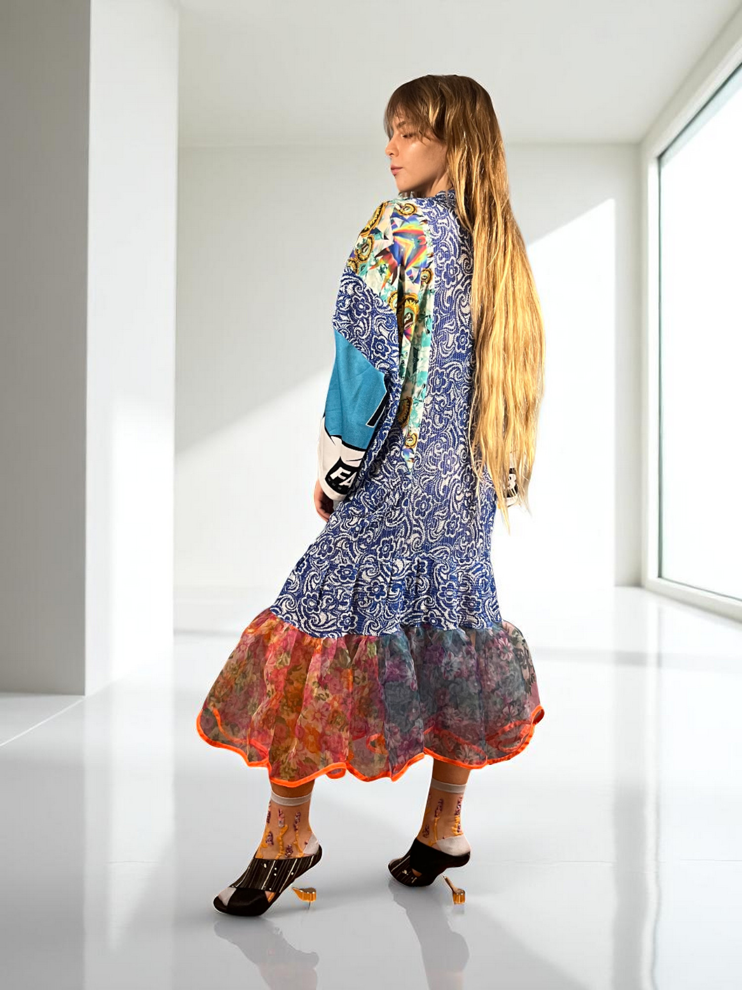 Floral Patchwork Dress Blue Bandana Front Floral Patchwork Dress Blue Bandana Front