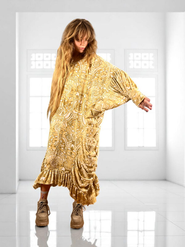 Golden Draped Jersey Dress Baroque Motif