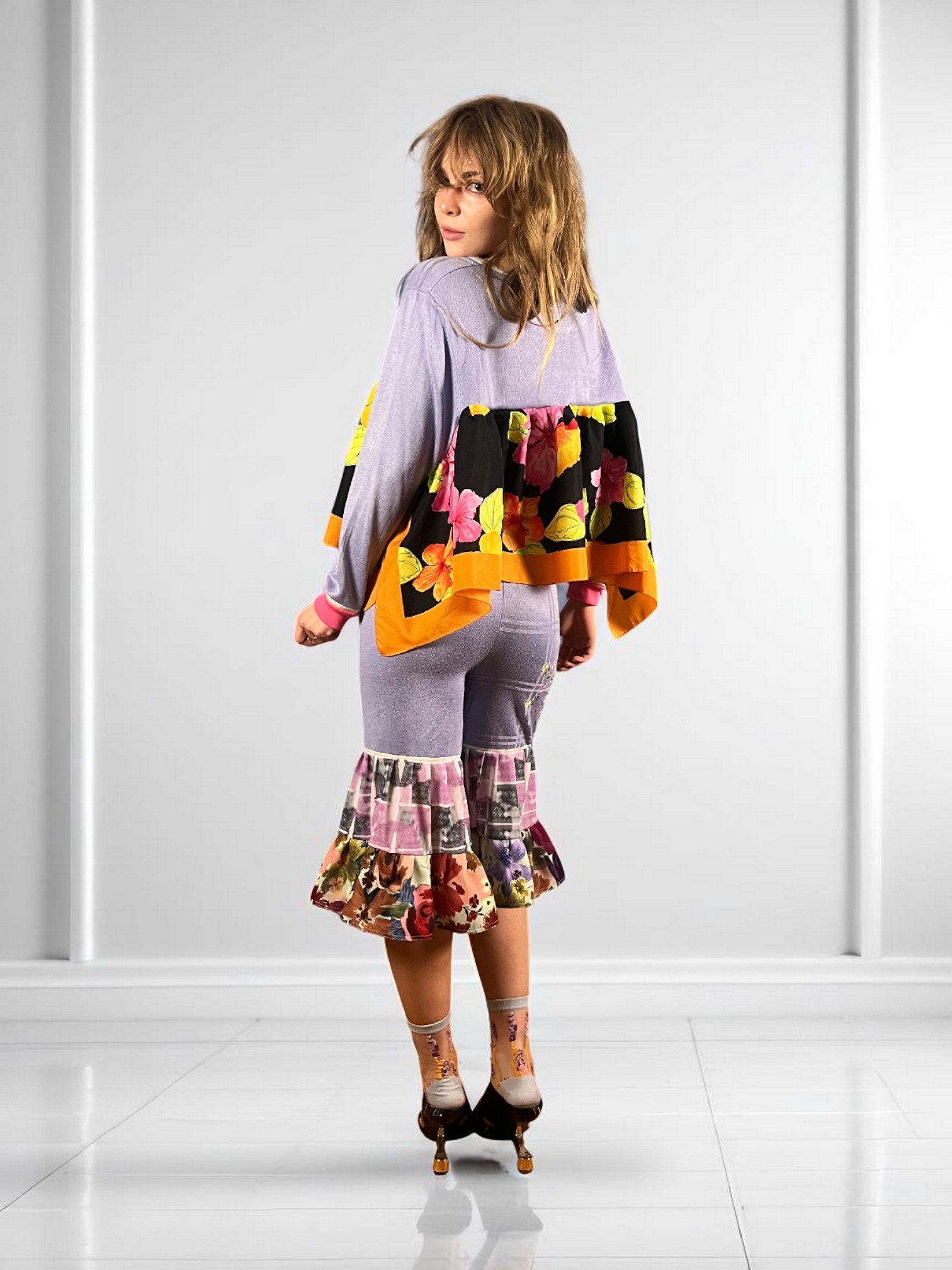 Upcycled Lavender Ruffle Pants Floral Pink Upcycled Lavender Ruffle Pants Floral Pink