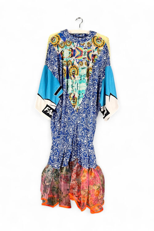 Asymmetric Patchwork Dress in Blue and Multicolor Asymmetric Patchwork Dress in Blue and Multicolor