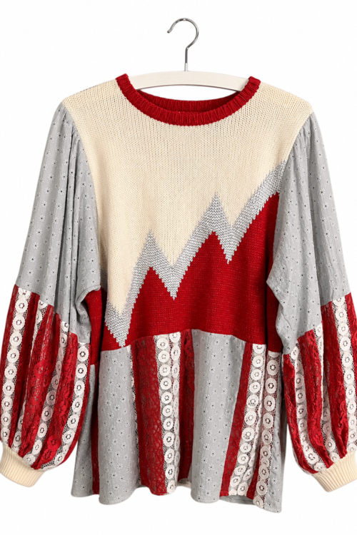 Upcycled Knit Sweater Red Wave Panel