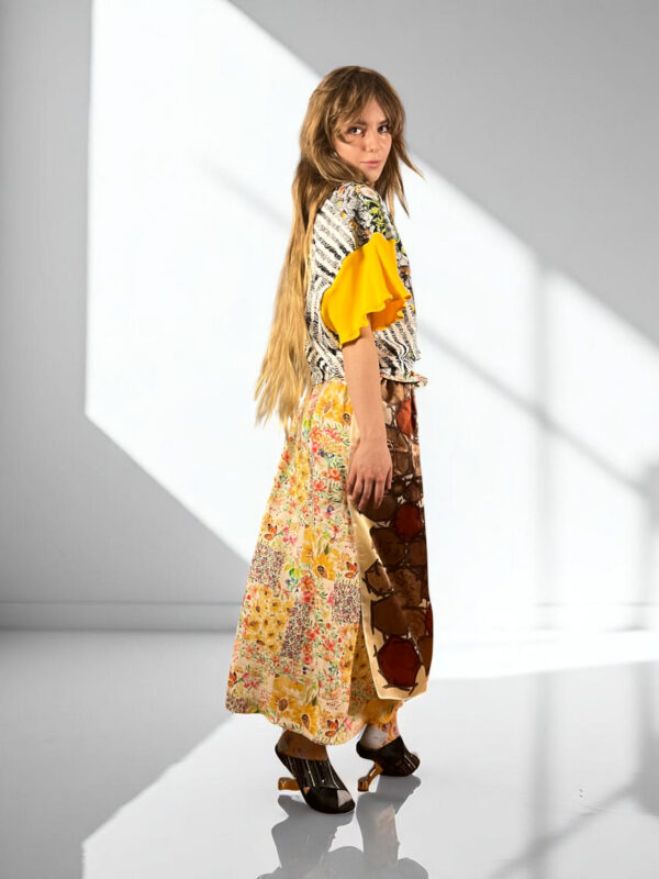 Upcycled Foulard Apron Skirt Yellow Brown Upcycled Foulard Apron Skirt Yellow Brown