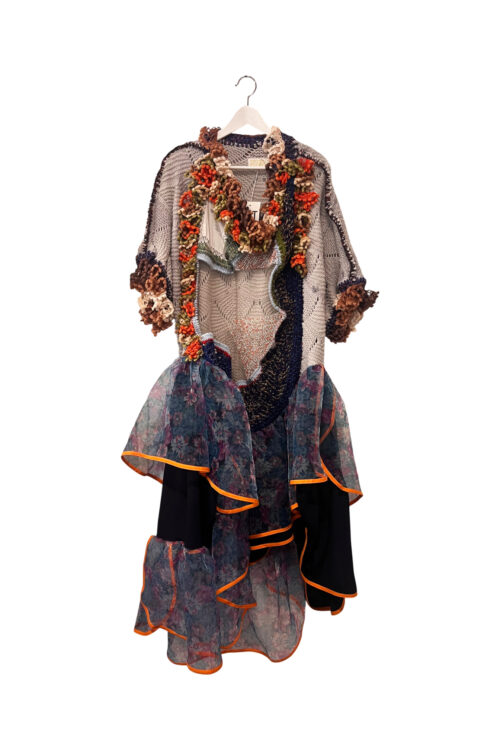 Crocheted Floral Layered Dress Grey Blue Orange