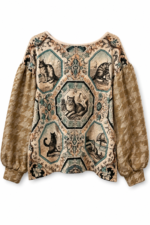 Upcycled Cat Print Puff Sleeve Top Beige And Cream