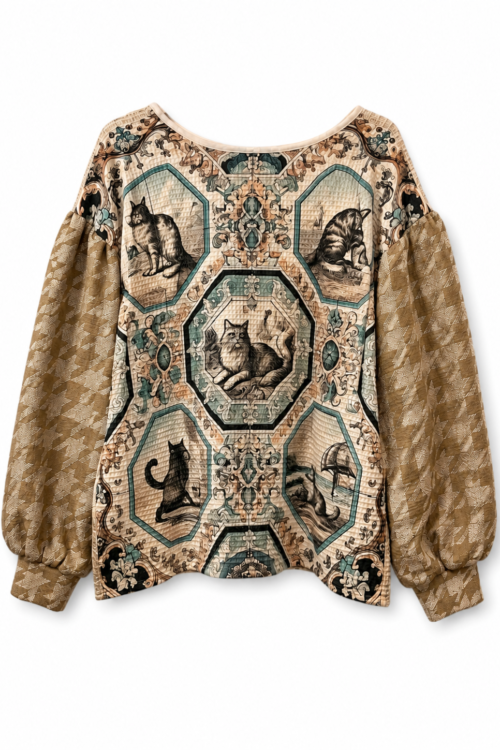 Upcycled Cat Print Puff Sleeve Top Beige And Cream
