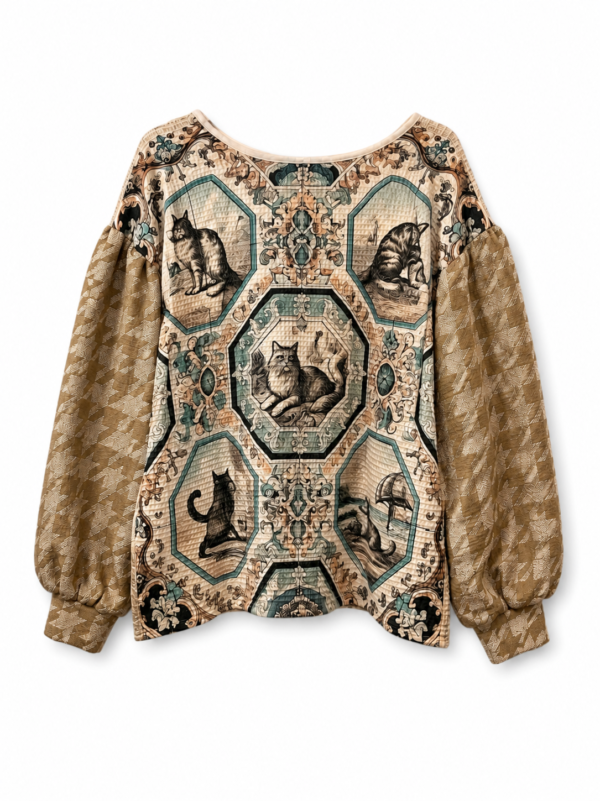 Upcycled Cat Print Puff Sleeve Top Beige And Cream