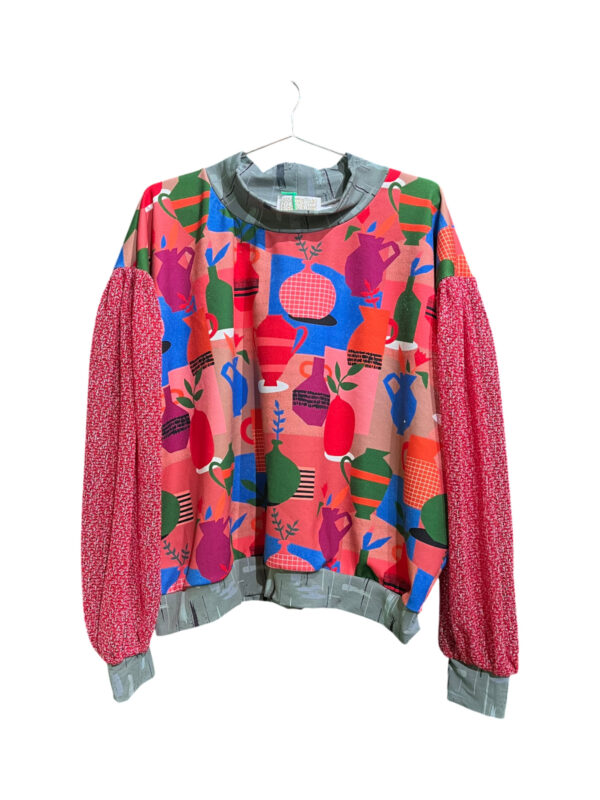 Vase Print Red Sleeve Patchwork Top
