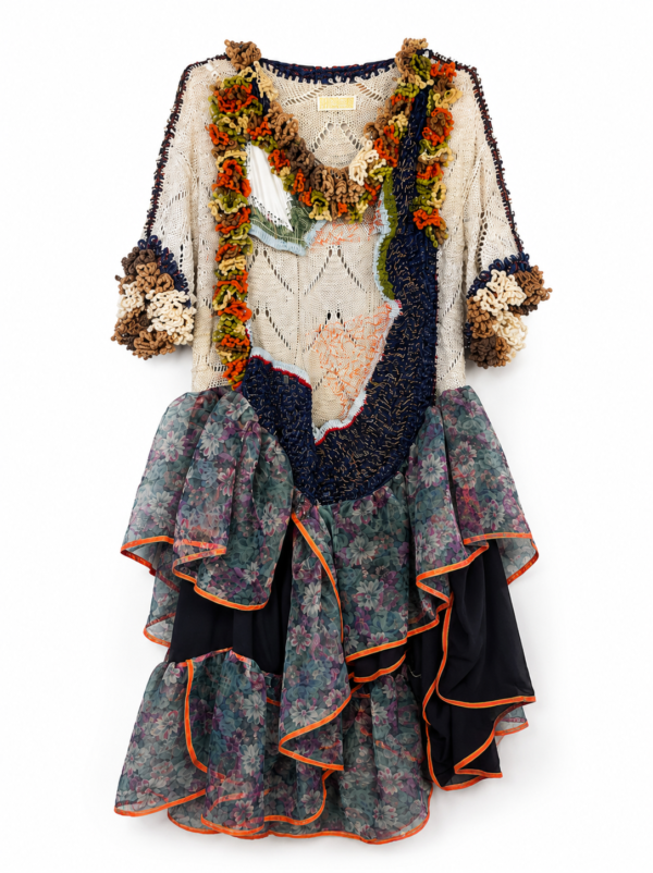 Crocheted Floral Layered Dress Grey Blue Orange Crocheted Floral Layered Dress Grey Blue Orange