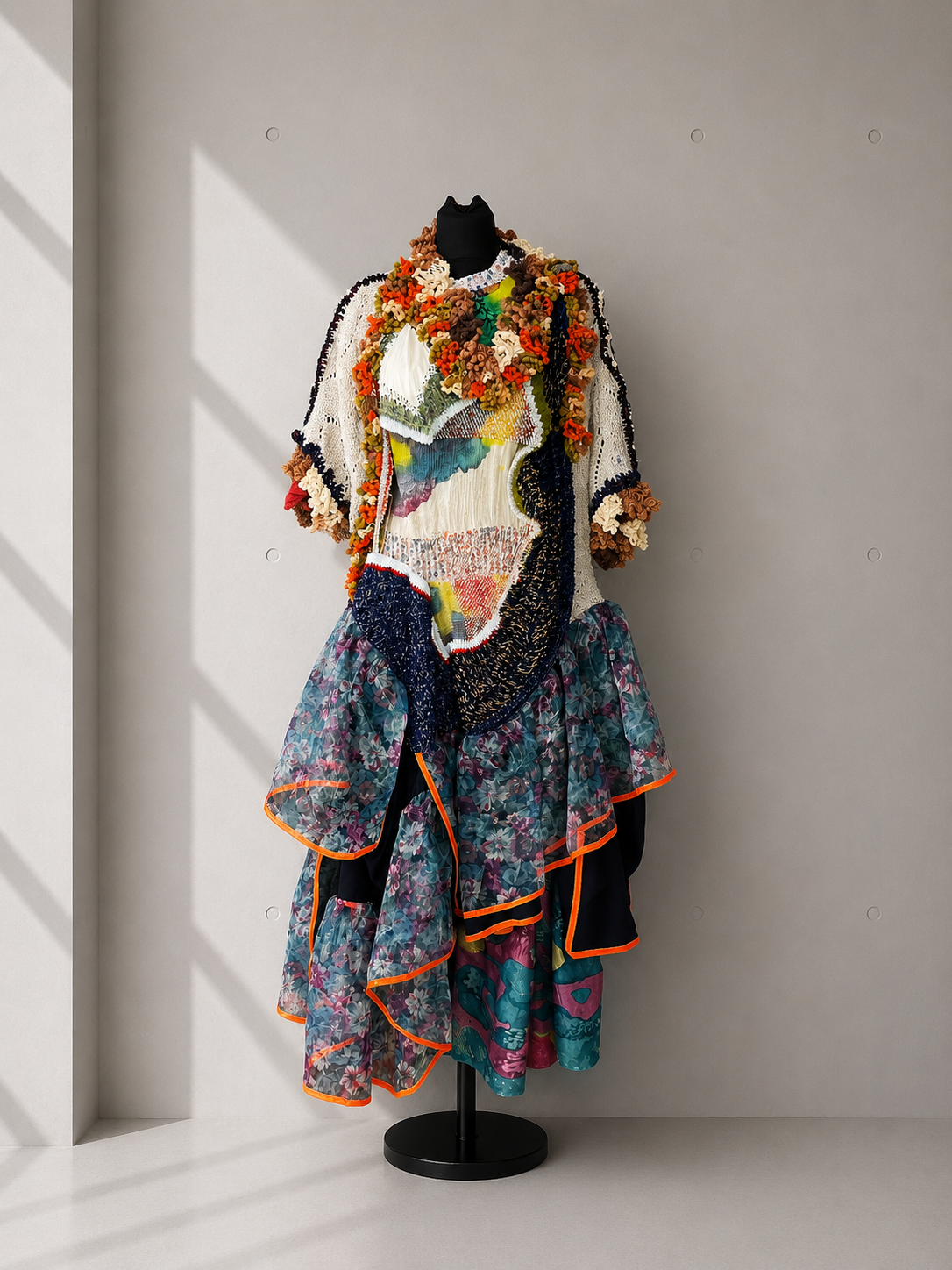 Crocheted Floral Layered Dress Grey Blue Orange Crocheted Floral Layered Dress Grey Blue Orange