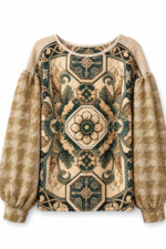 Upcycled Cat Print Puff Sleeve Top Beige And Cream