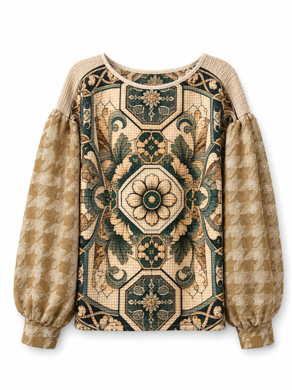 Upcycled Cat Print Puff Sleeve Top Beige And Cream