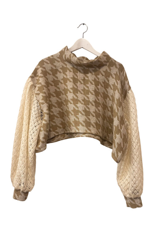 Houndstooth Lace Sleeve Cropped Top Houndstooth Lace Sleeve Cropped Top