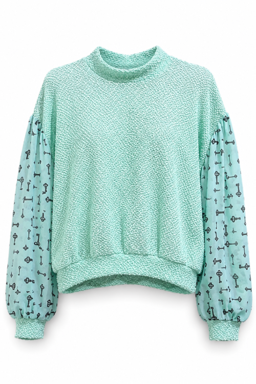 Mint Key Print Patchwork Top Mint Key Print Patchwork Top