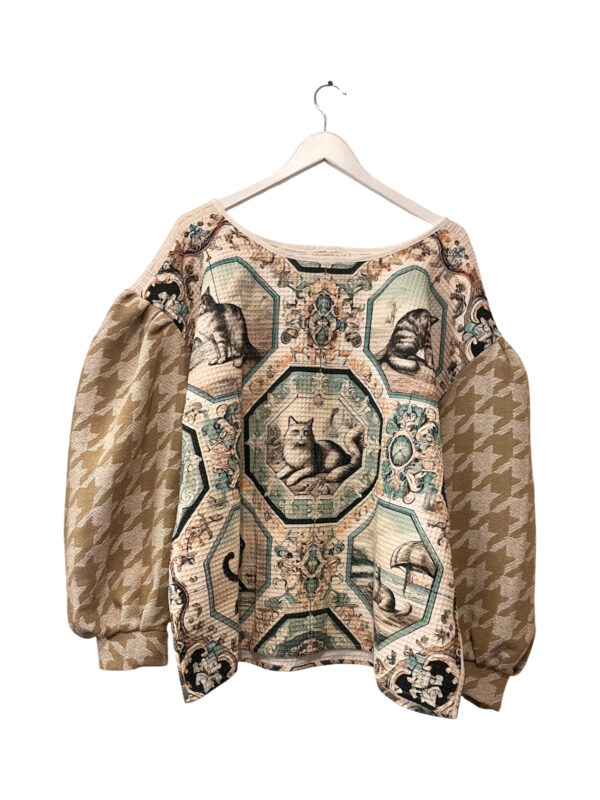 Upcycled Cat Print Puff Sleeve Top Beige And Cream