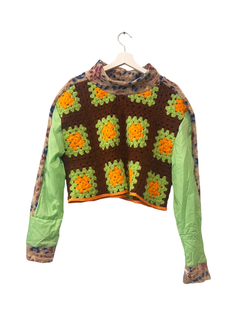Crochet Granny Square Crop Top With Green Sleeves - Tata Christiane