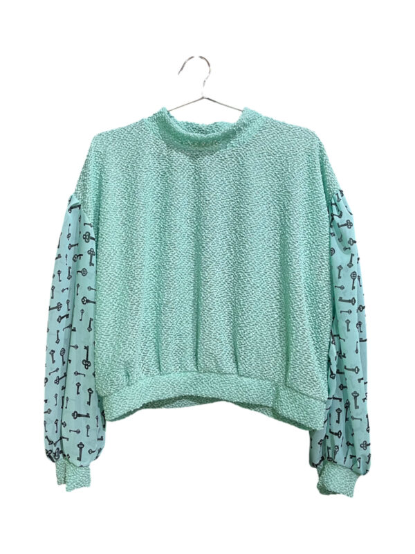 Mint Key Print Patchwork Top