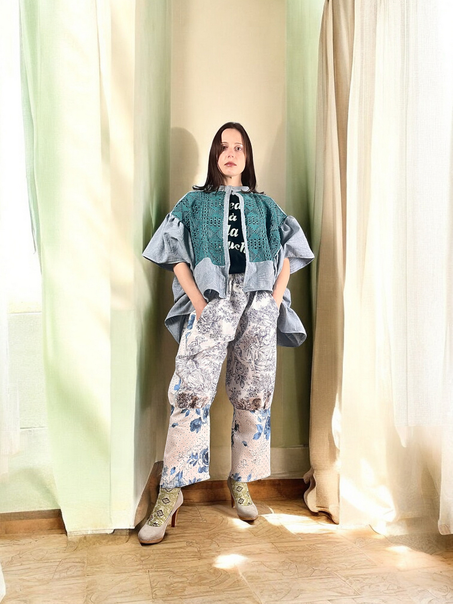 Denim Blue Jacquard Crochet Jacket Denim Blue Jacquard Crochet Jacket