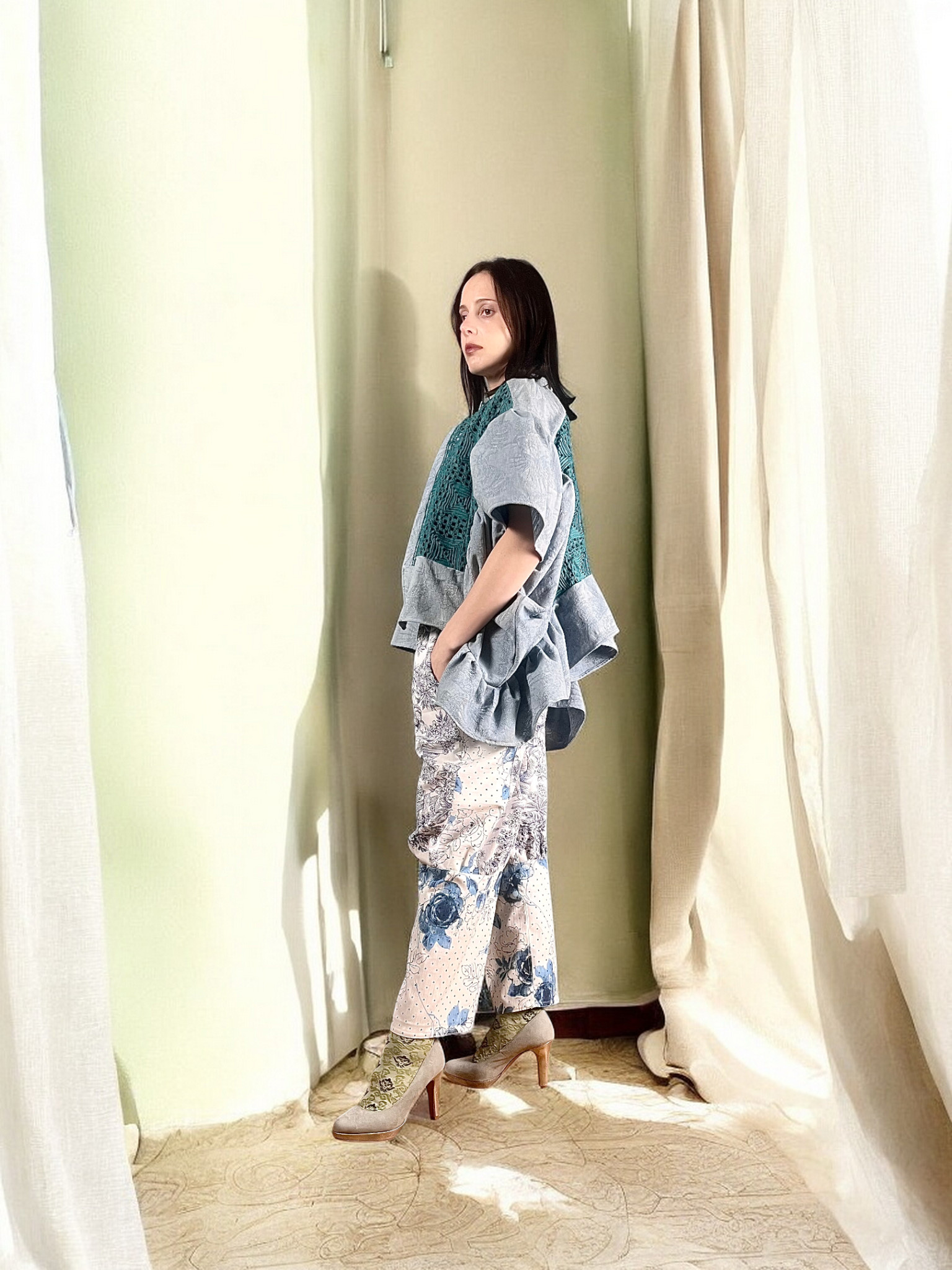 Denim Blue Jacquard Crochet Jacket Denim Blue Jacquard Crochet Jacket