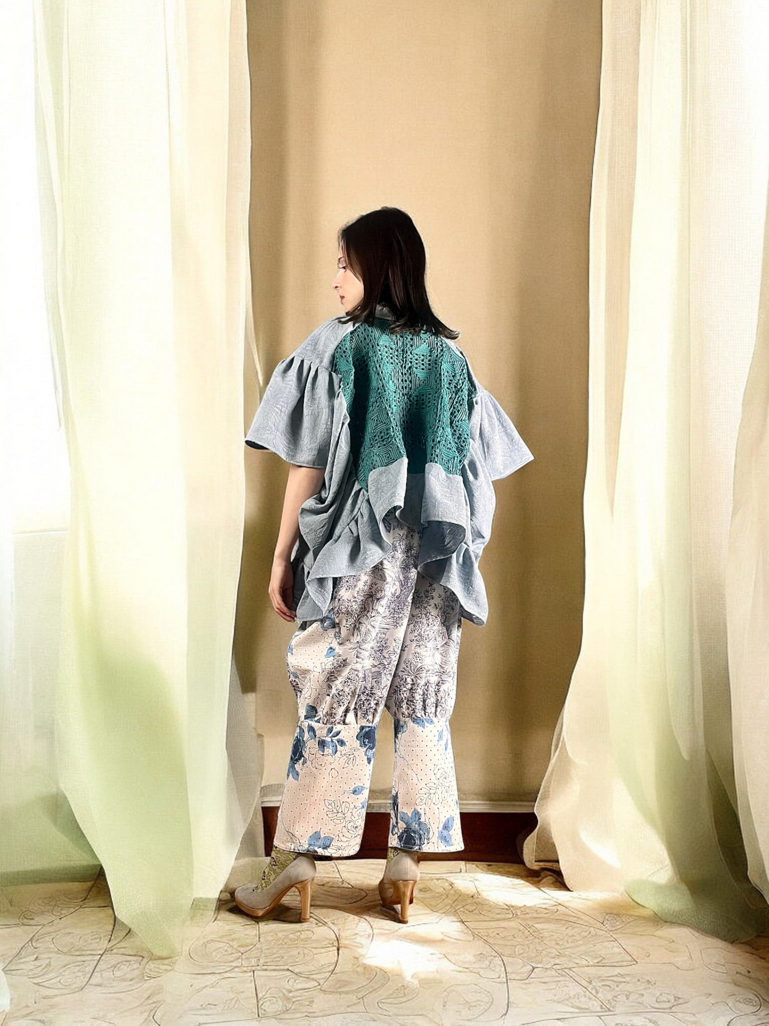 Denim Blue Jacquard Crochet Jacket Denim Blue Jacquard Crochet Jacket