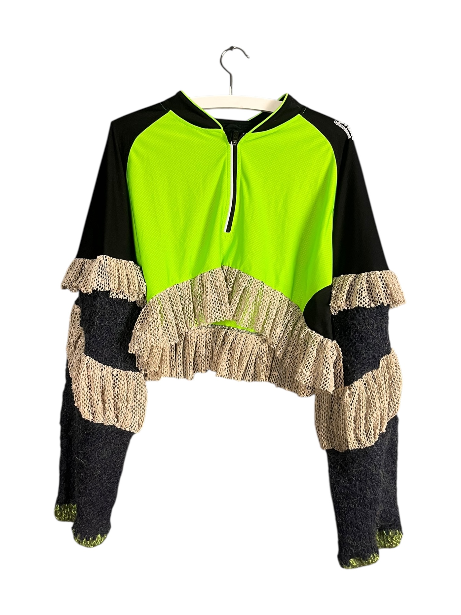 Neon Green and Black Sports Top with Mesh Ruffles Neon Green and Black Sports Top with Mesh Ruffles