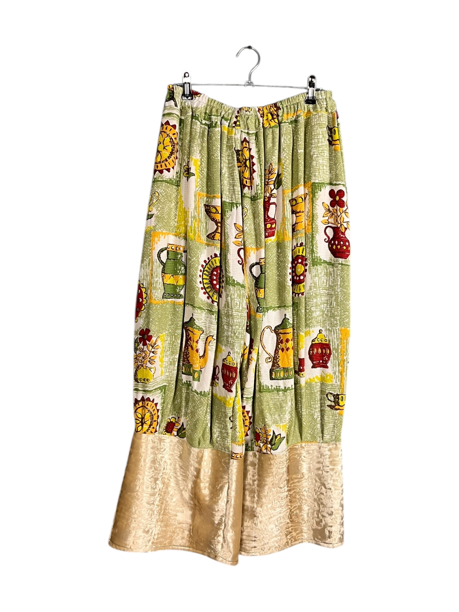Green Vintage Print Pants with Satin Hem Green Vintage Print Pants with Satin Hem
