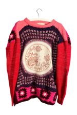 Red Pink Crochet Pullover with Folk Circle