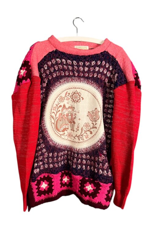 Red Pink Crochet Pullover with Folk Circle