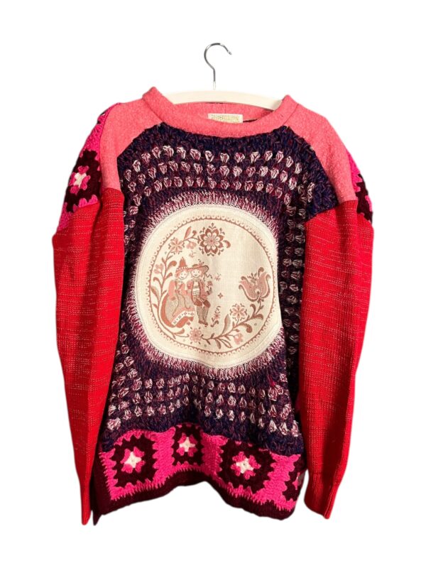 Red Pink Crochet Pullover with Folk Circle