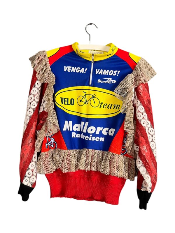 Upcycled Cycling Jersey Sweater Red Blue Ruffles