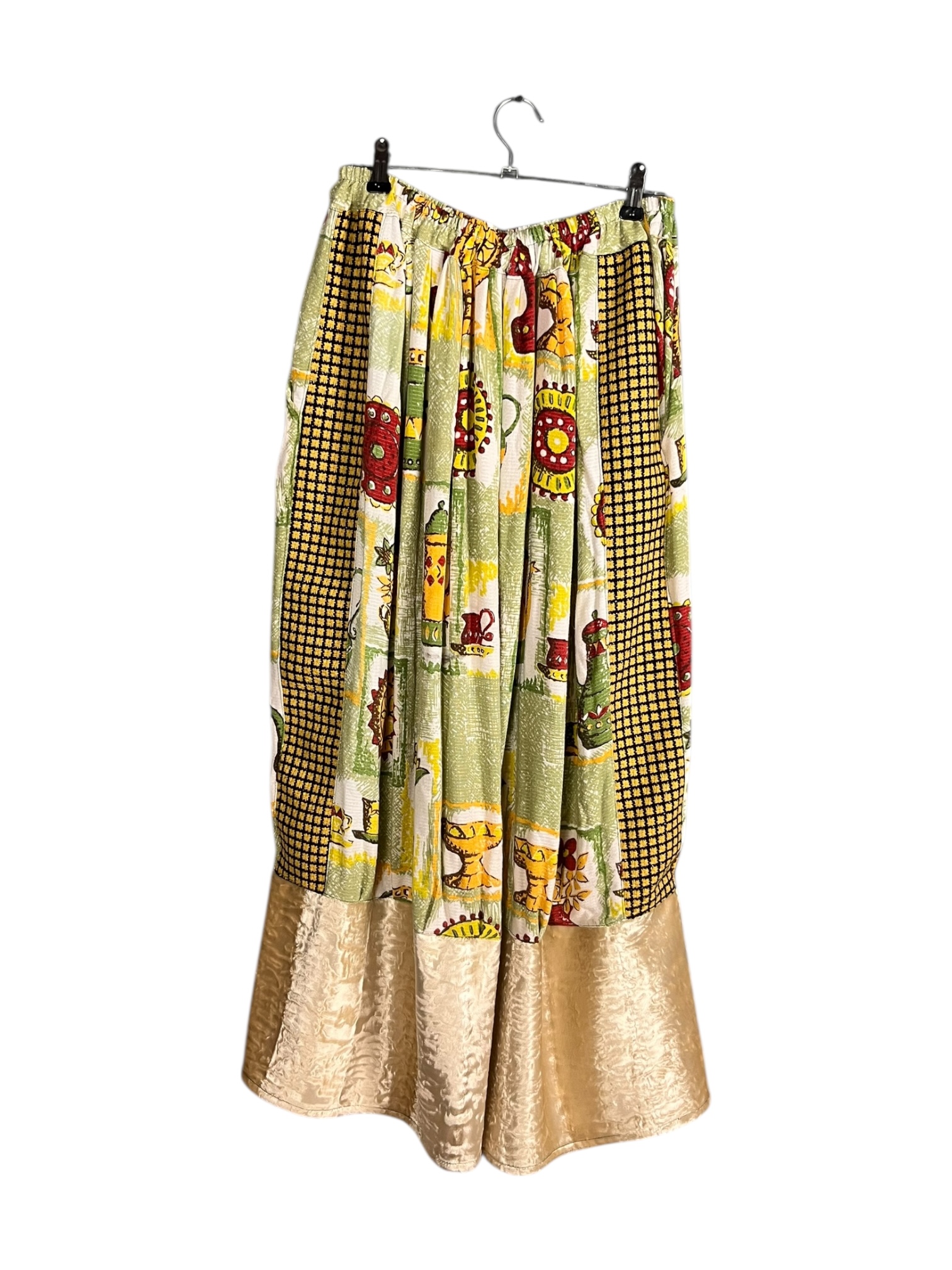 Green Vintage Print Pants with Satin Hem Green Vintage Print Pants with Satin Hem