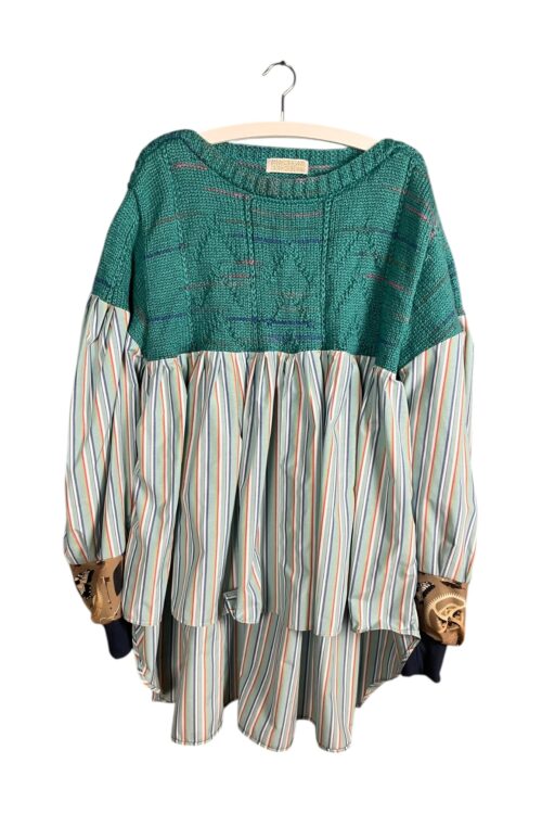 Green Knit Striped Ruffle Top
