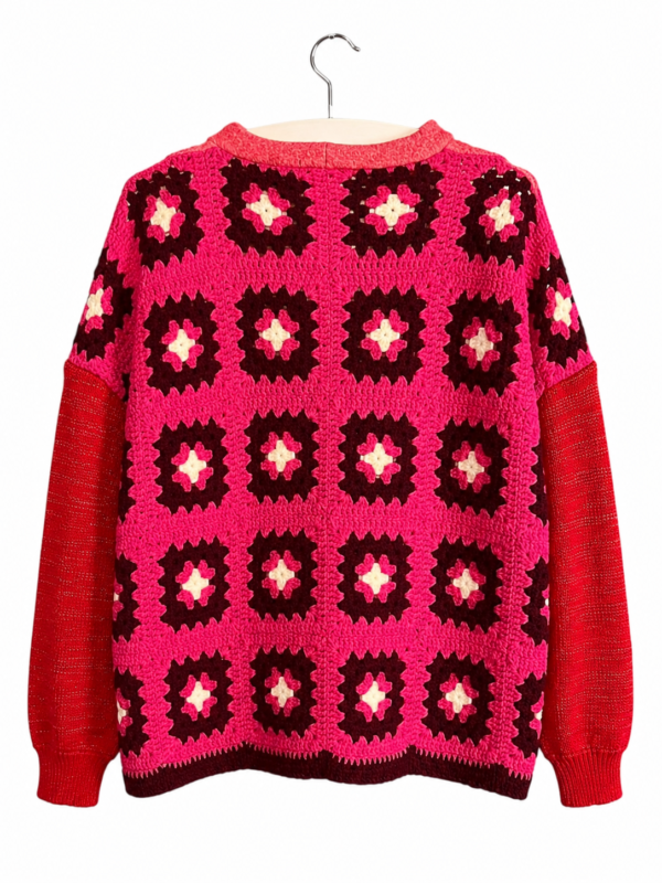 Red Pink Crochet Pullover with Folk Circle