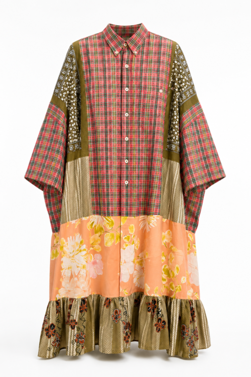 Patchwork Shirt Dress in Coral Plaid Patchwork Shirt Dress in Coral Plaid