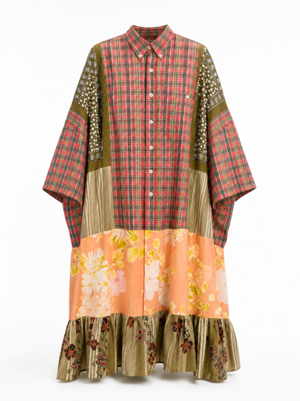 Patchwork Shirt Dress in Coral Plaid Patchwork Shirt Dress in Coral Plaid