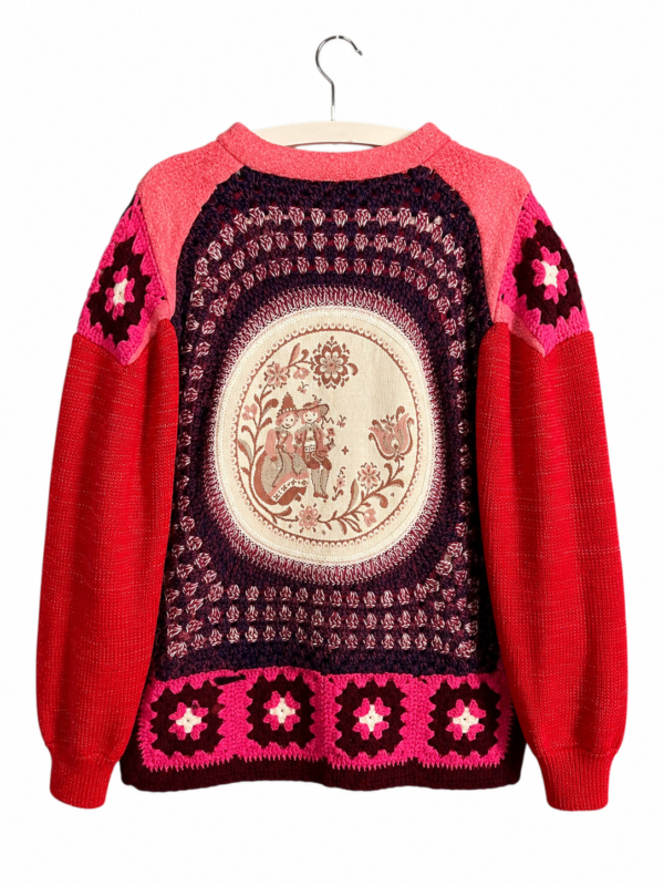 Red Pink Crochet Pullover with Folk Circle