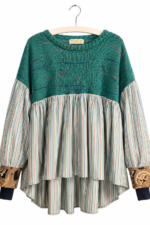 Green Knit Striped Ruffle Top