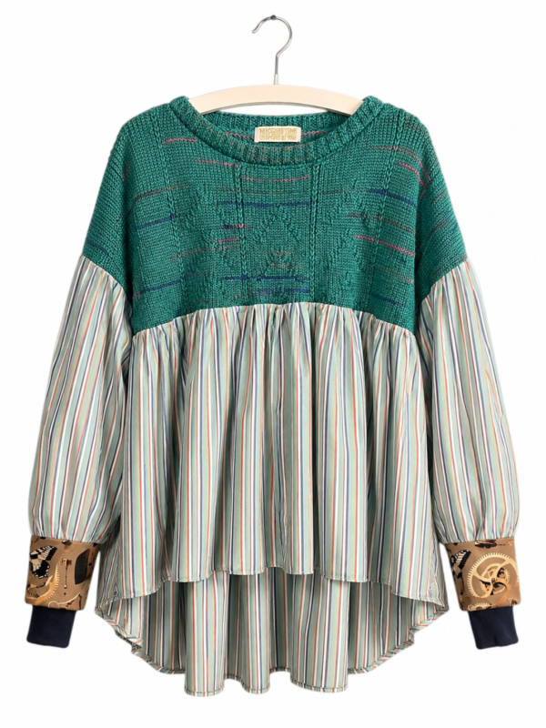 Green Knit Striped Ruffle Top