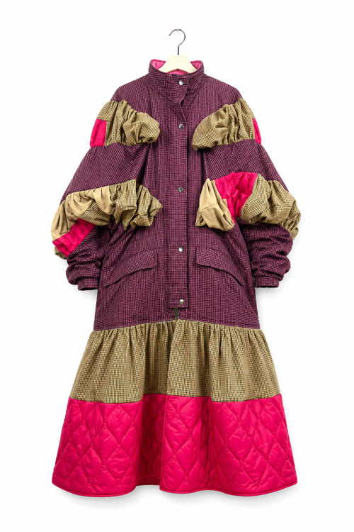 Magenta Check Patchwork Coat Jacket